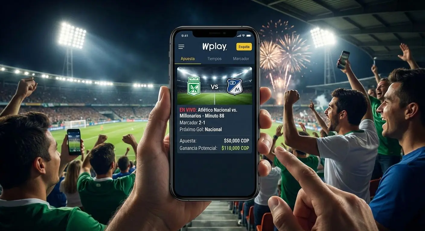 Banner de la aplicaci&oacute;n oficial Wplay con apuestas en vivo en ambiente deportivo colombiano
