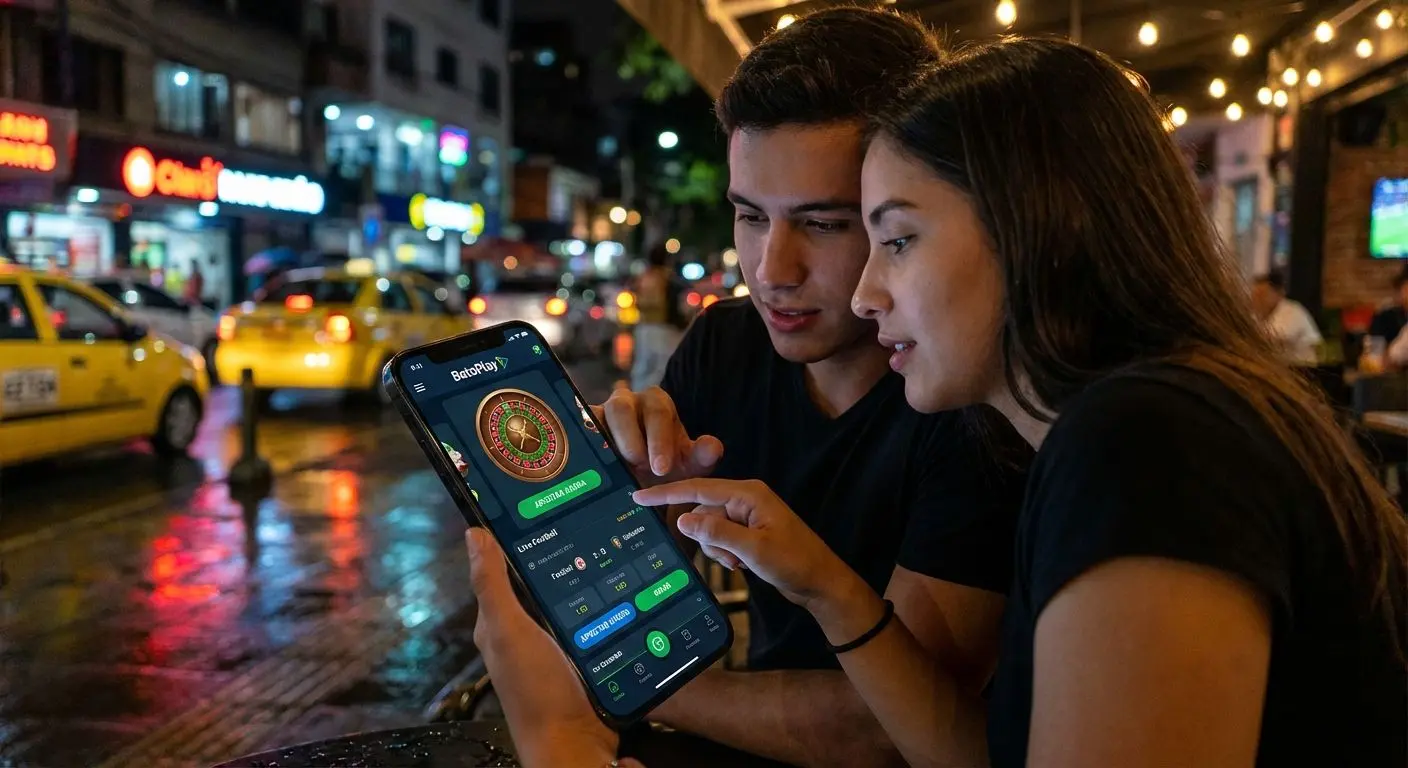 Usuarios en Colombia interactuando con la app Wplay en un entorno moderno de apuestas deportivas y casino