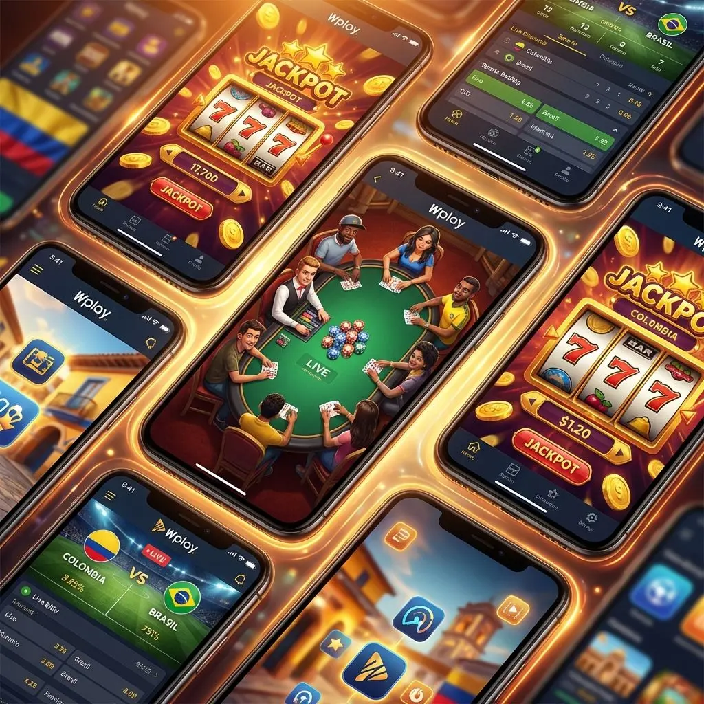 Collage de juegos populares, tragamonedas, póker en vivo y apuestas deportivas en Wplay app