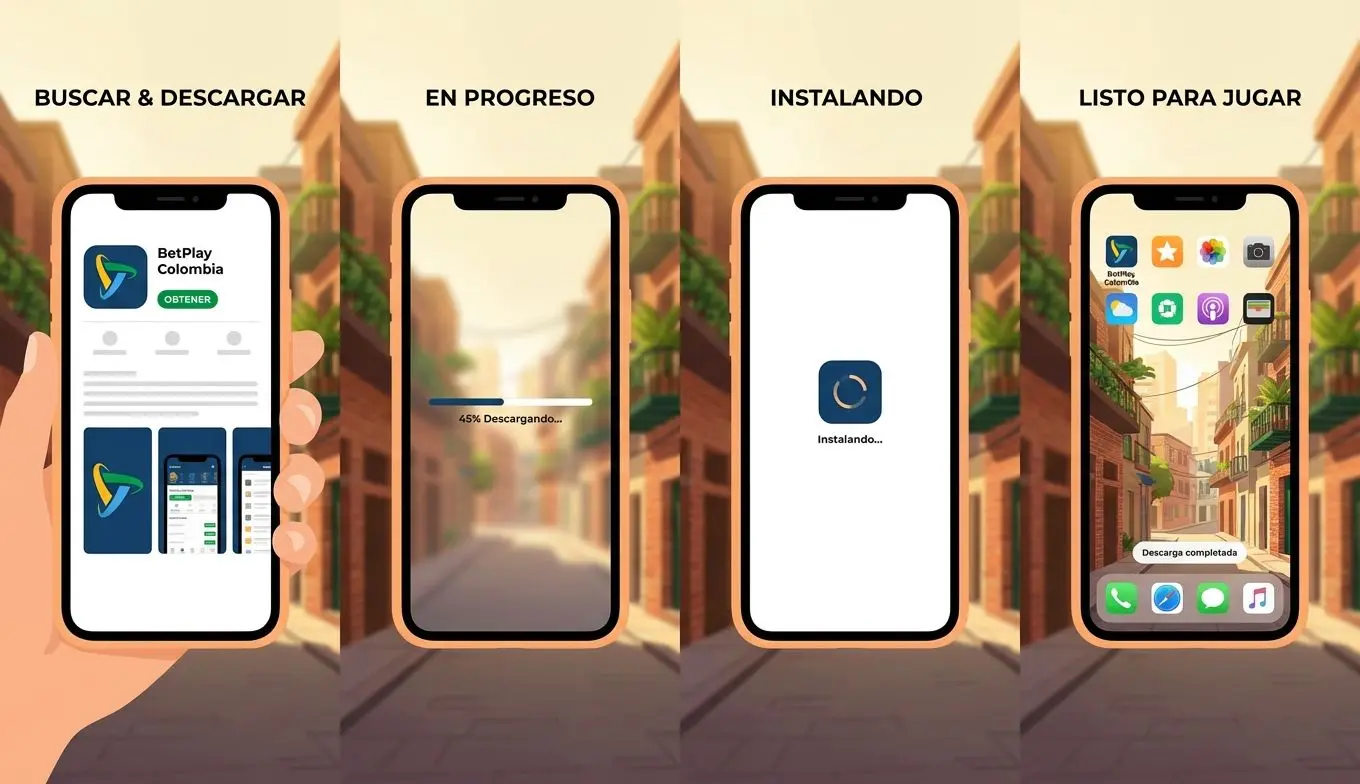 Proceso de descarga de la app Wplay explicado visualmente en un smartphone