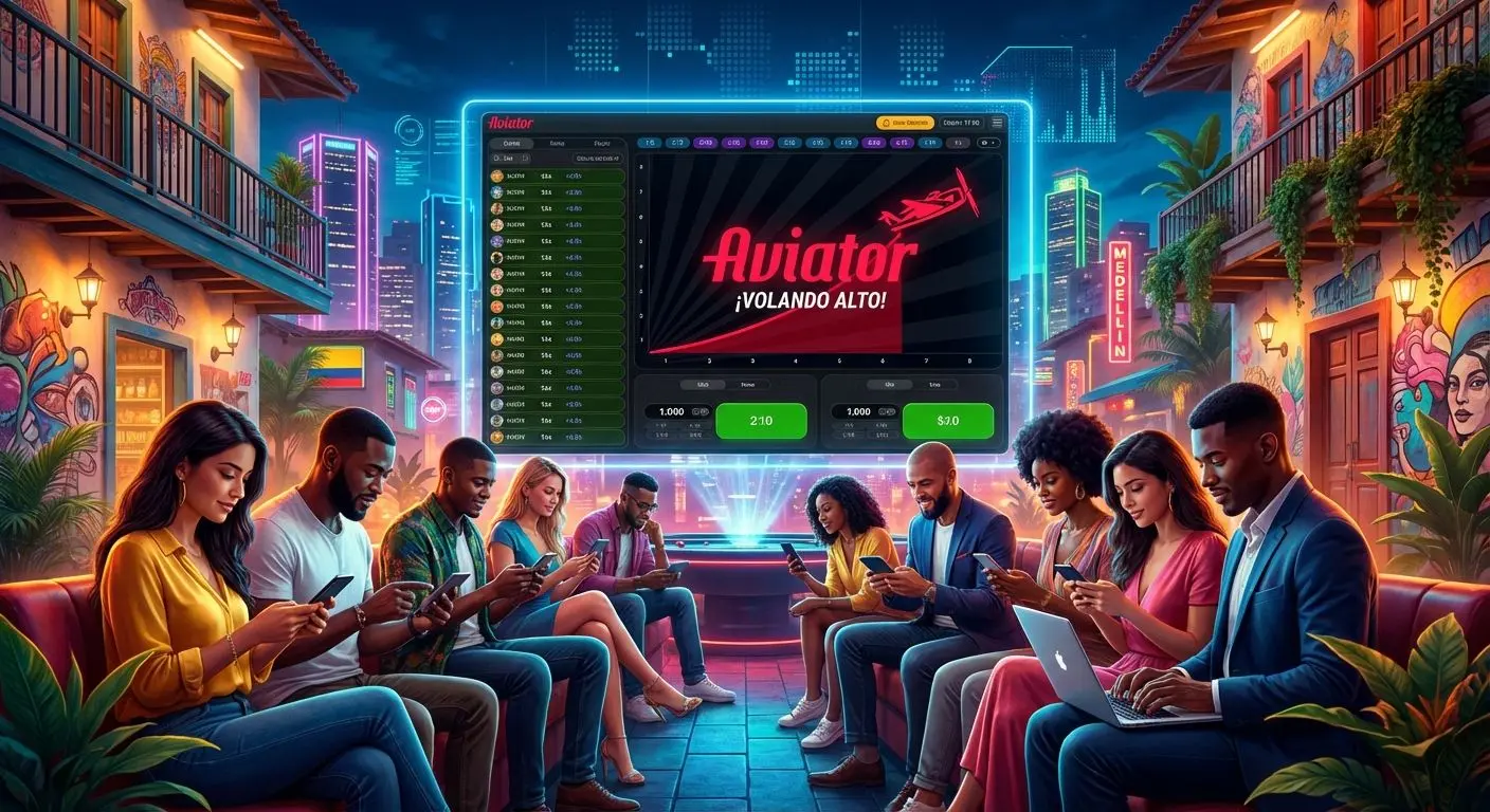 Sala de juegos digital colombiana con Aviator de Wplay en pantalla y jugadores atentos.