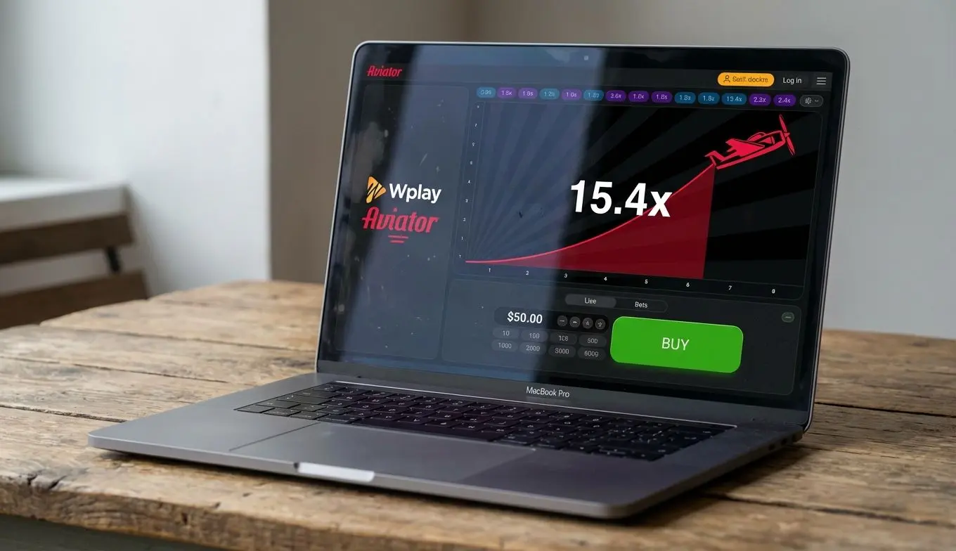 Interfaz del juego Aviator en Wplay Colombia en pantalla de laptop.
