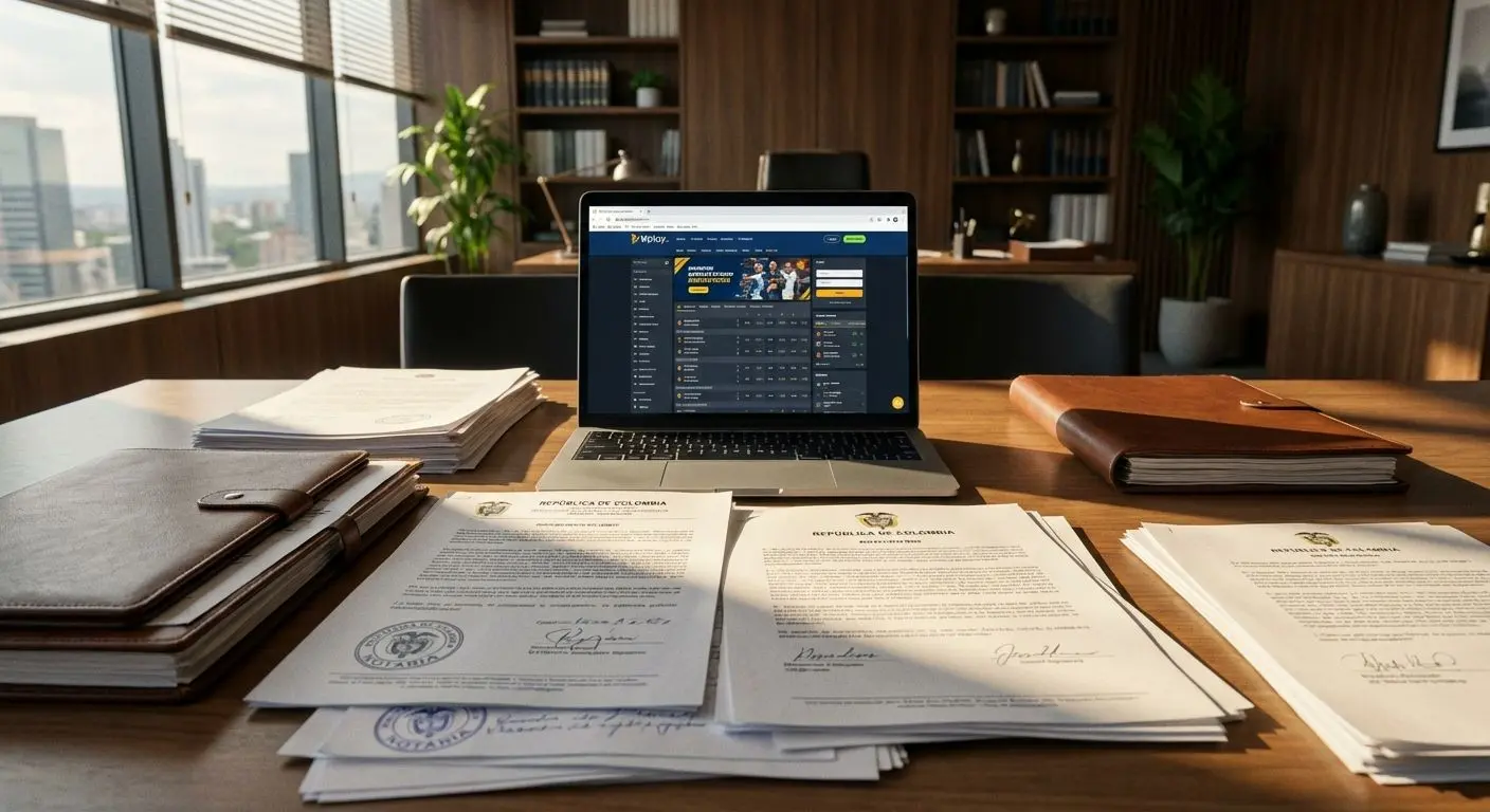 Documentos legales de Wplay junto a laptop en un entorno profesional