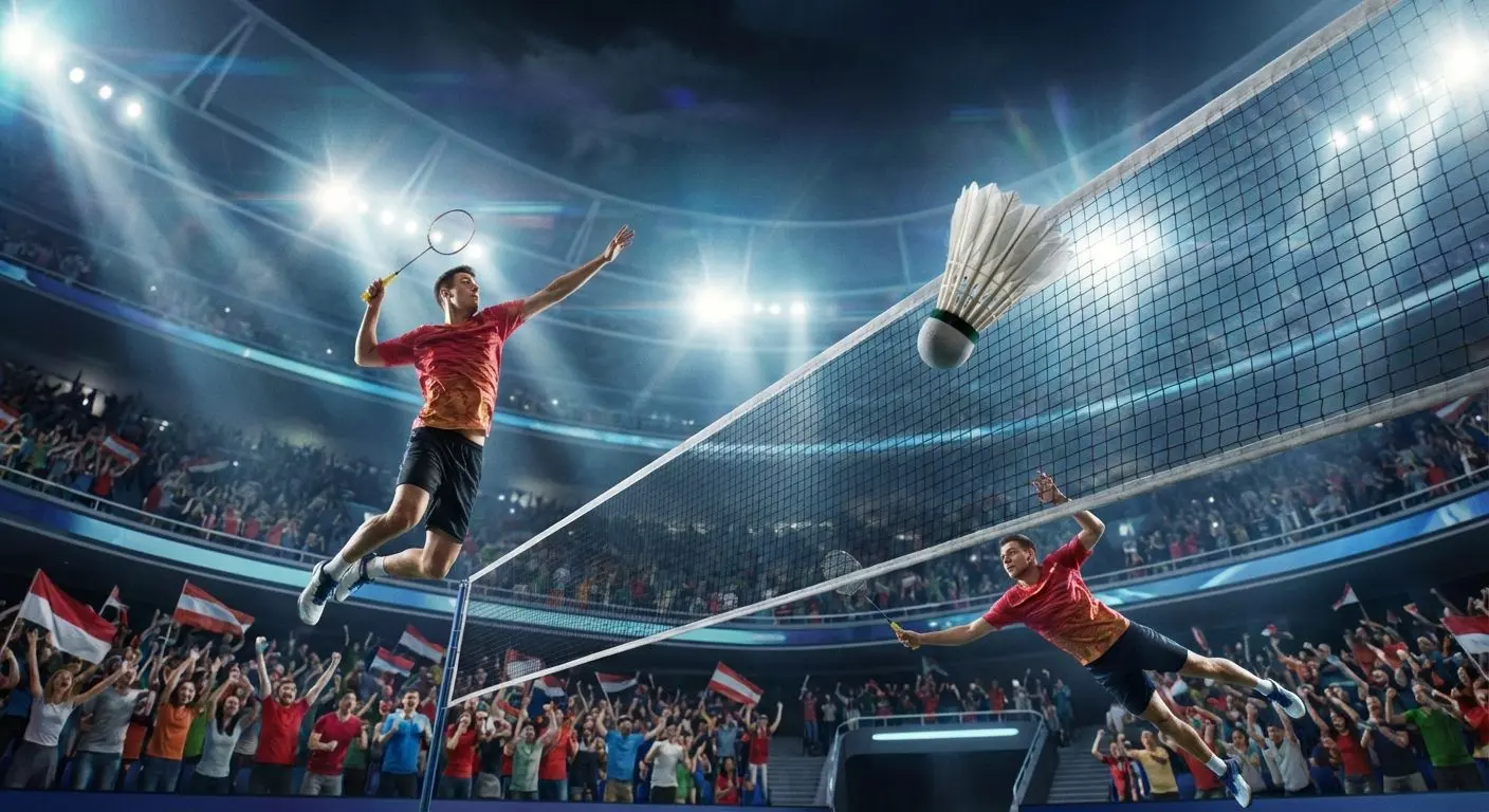 Partido profesional de badminton en pleno juego, capturando la emoción del punto decisivo