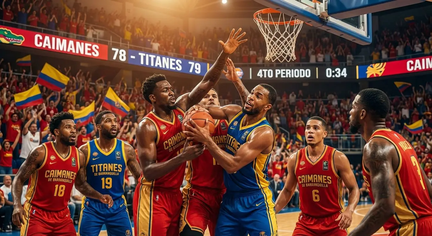 Jugadores disputando un rebote bajo la canasta en un estadio colombiano lleno