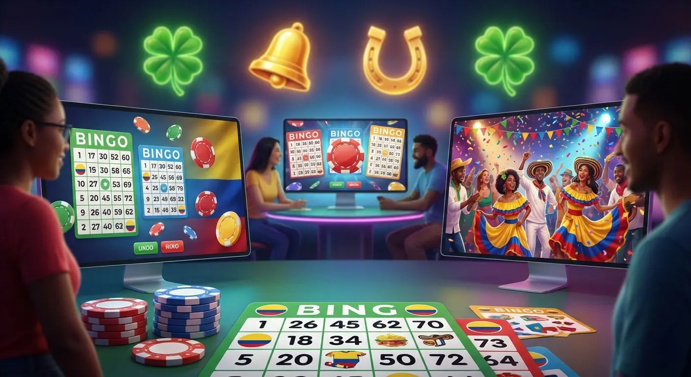 Personas jugando bingo online en un entorno digital colorido, ambiente festivo colombiano