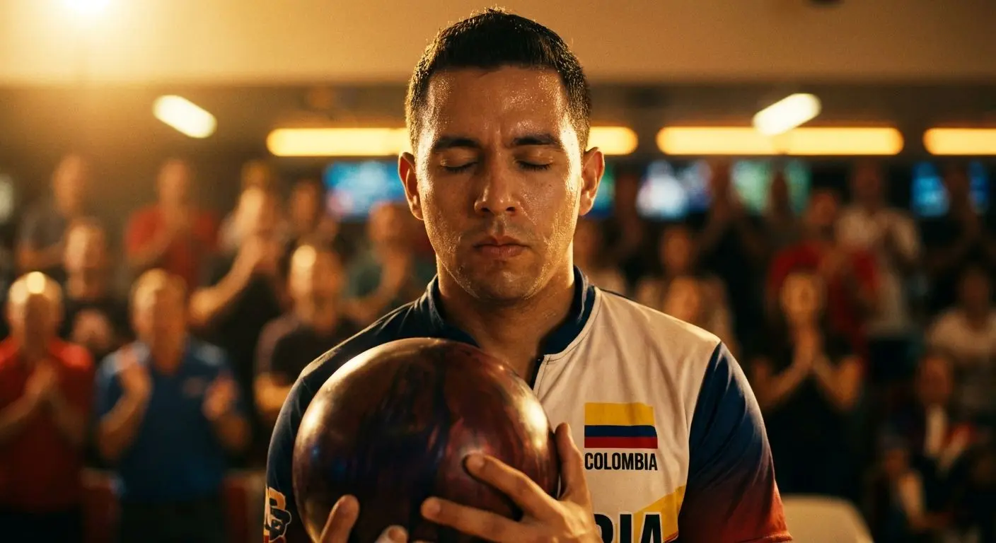 Jugador colombiano de bolos preparándose para lanzar en torneo profesional
