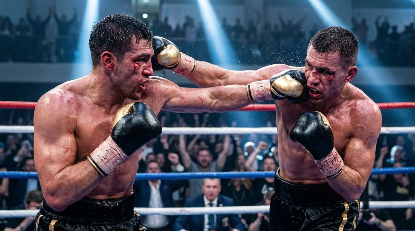 Boxeadores en acción durante un combate de boxeo profesional en vivo, público animado al fondo