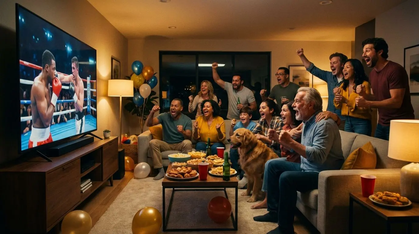 Grupo de colombianos disfrutando de apuestas en vivo mientras ven boxeo en televisión