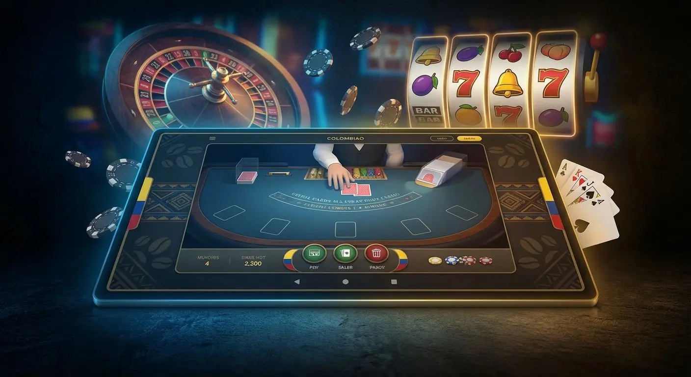 Vista digital de un elegante casino online colombiano con ruleta, tragamonedas y fichas sobre fondo moderno