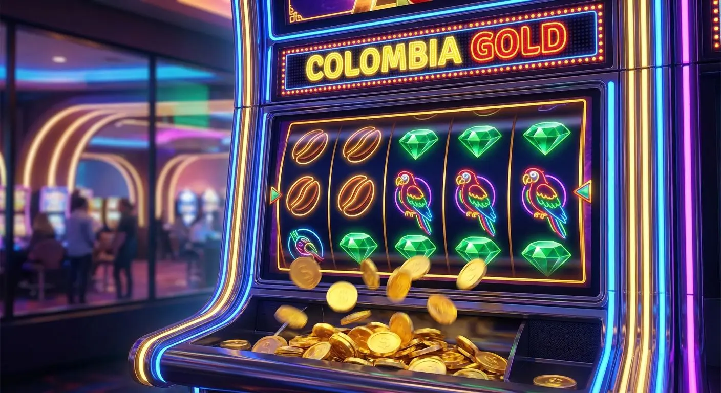 Tragamonedas online Wplay con símbolos colombianos y luces de neón