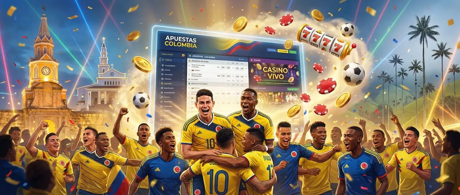 Jugadores colombianos celebrando con fondos de tragamonedas y apuestas deportivas en estilo digital art.
