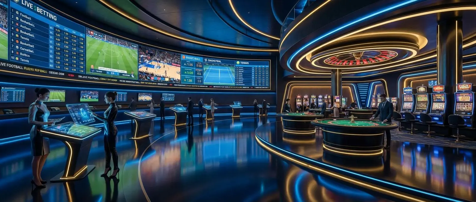 Salón virtual de apuestas deportivas y casino en vivo con ambiente moderno y pantallas digitales