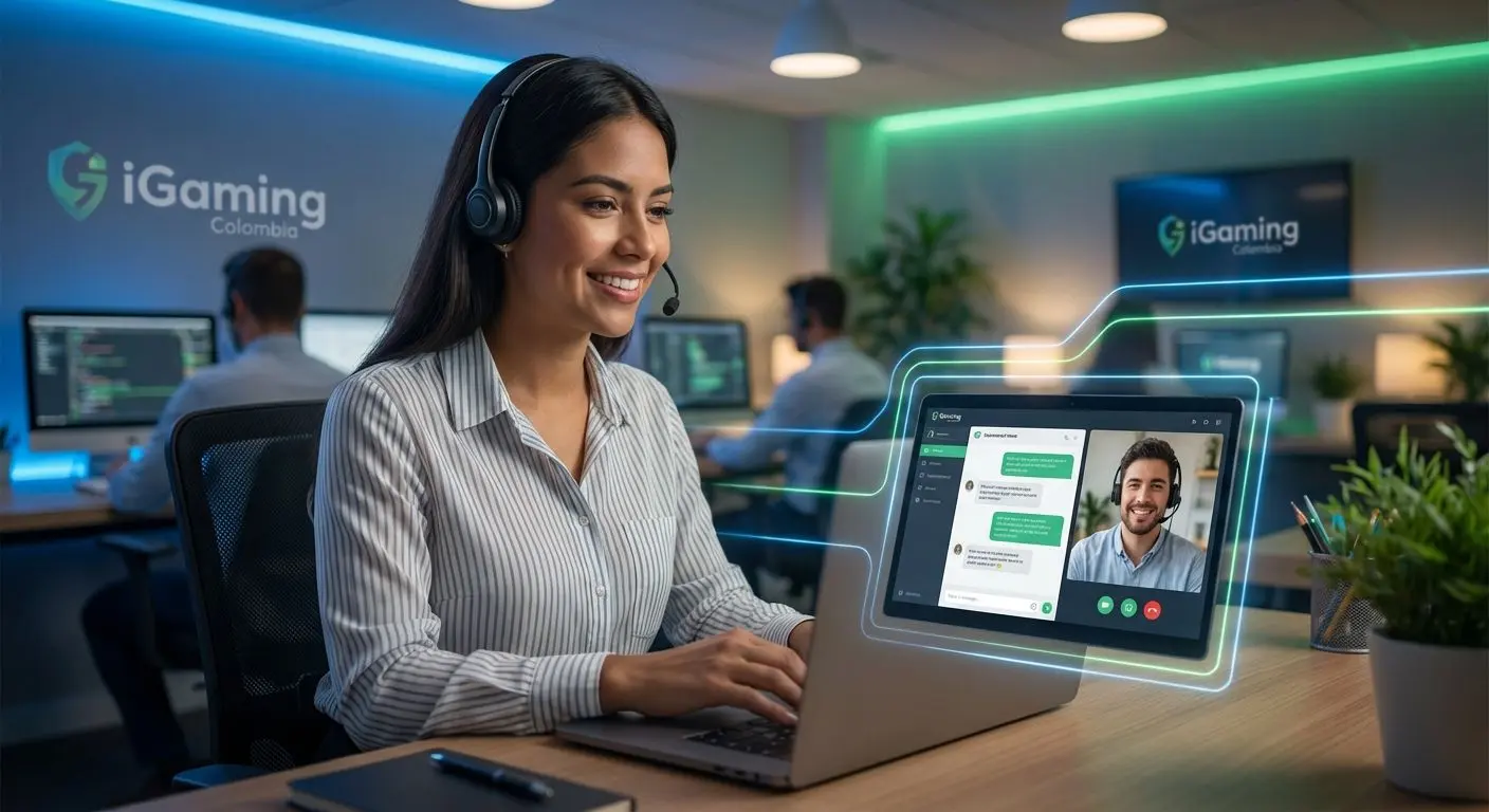 Equipo de soporte digital interactuando con usuarios colombianos en centro de atención virtual Wplay