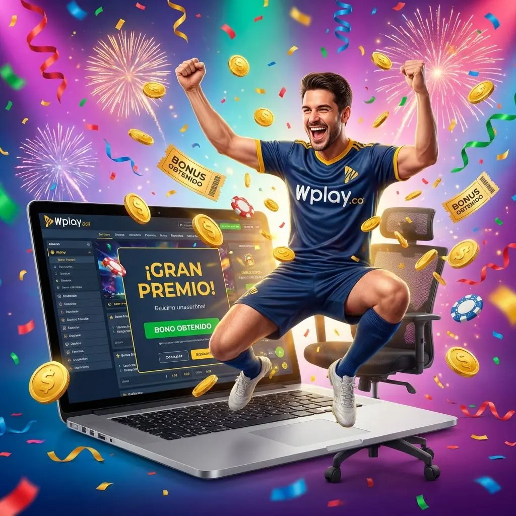 Apostador colombiano celebrando mientras recibe bonos y promociones en Wplay Deportes