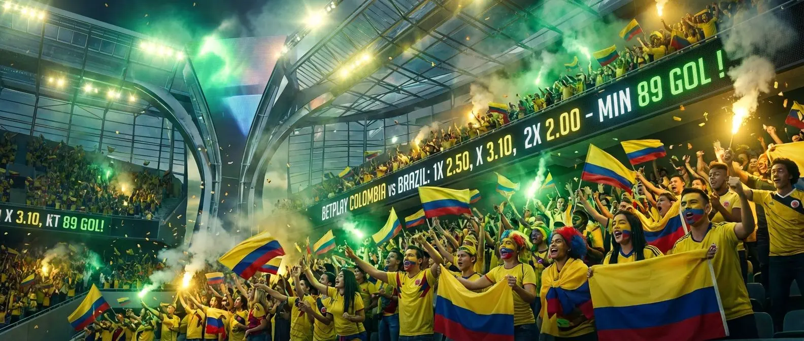 Fanáticos colombianos celebrando apuestas deportivas en vivo, estadio moderno y pantalla de cuotas Wplay