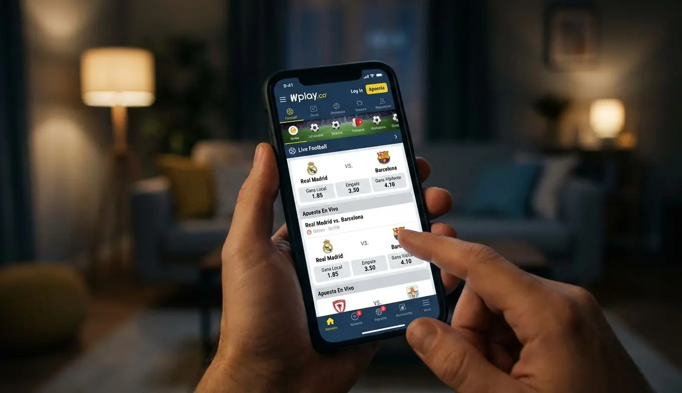Proceso de apuesta en Wplay desde un móvil, cuotas deportivas en vivo en pantalla