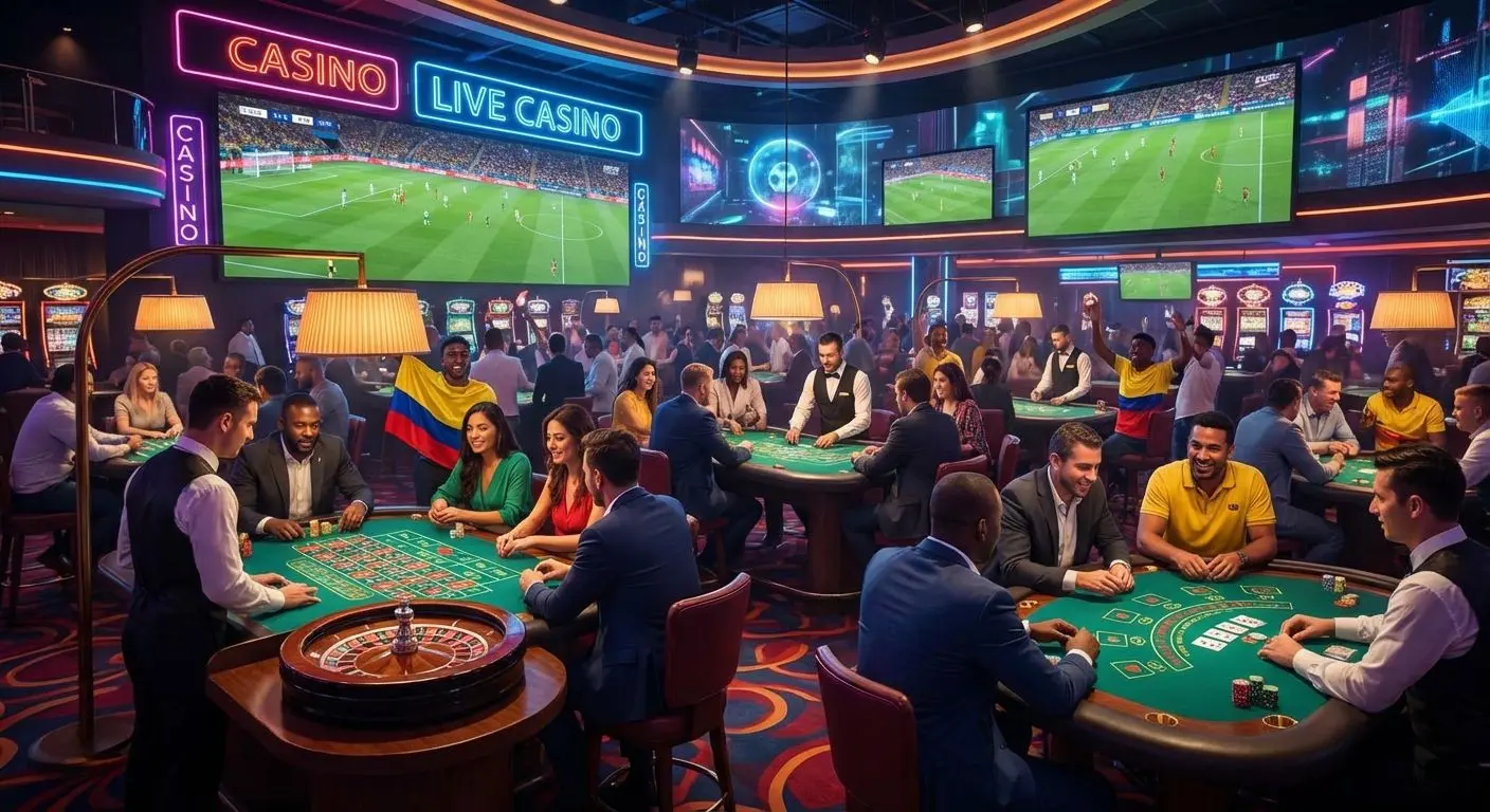 Ambiente de casino en vivo con apuestas deportivas y emoción en tiempo real