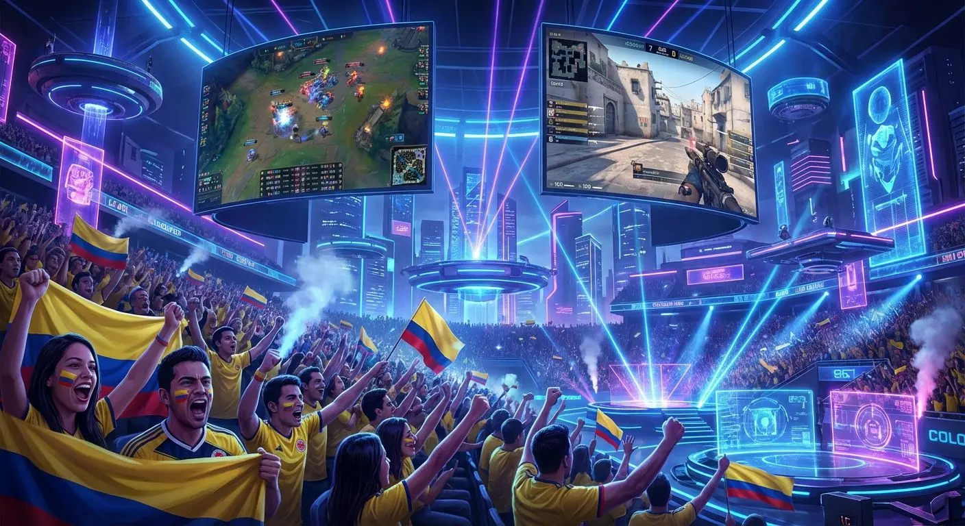 Estadio de eSports en Colombia iluminado con pantallas y público animado durante torneo en Wplay