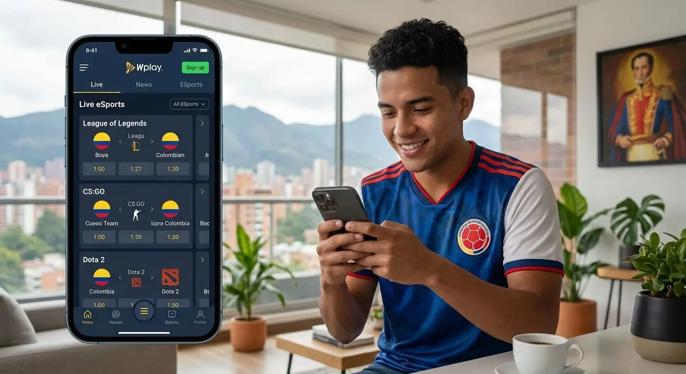 Usuario colombiano usando app Wplay para apuestas en eSports desde el móvil