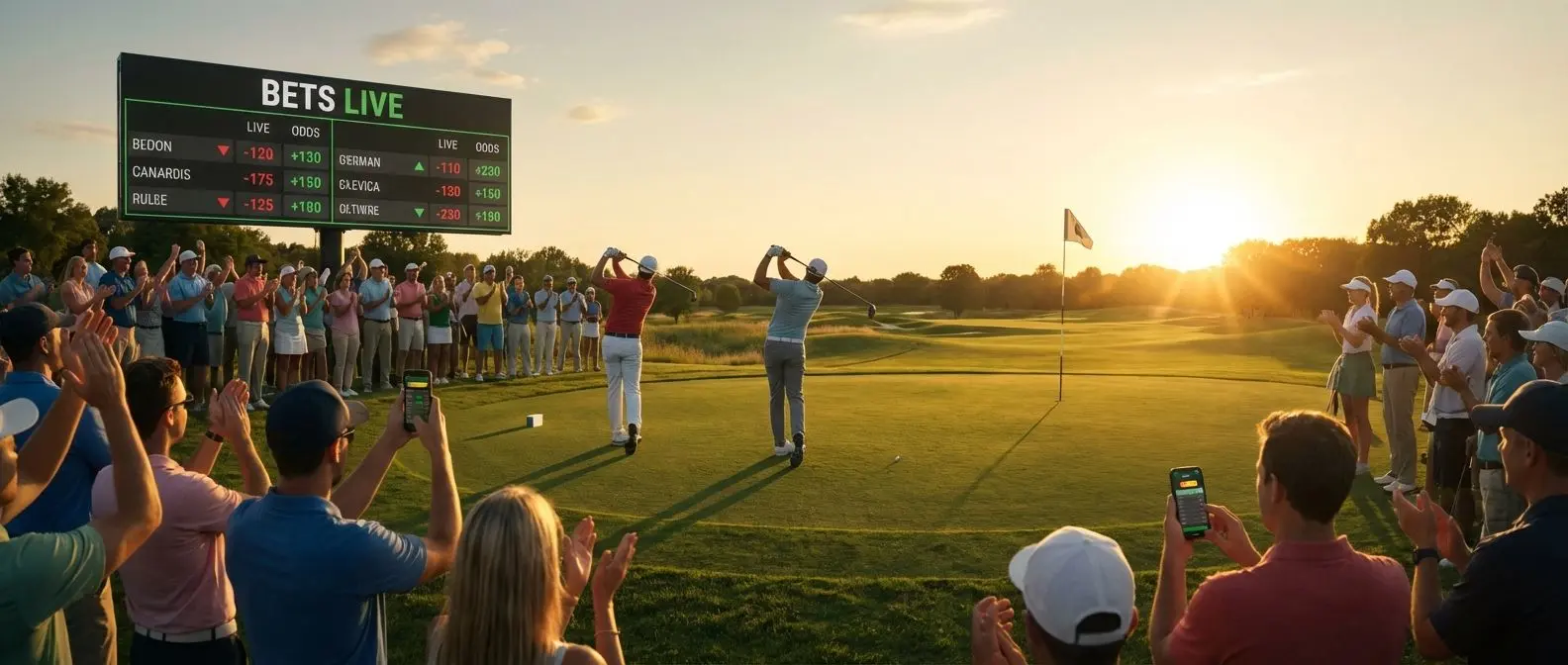 Torneo de golf profesional con público y jugadores, ambiente emocionante y realista