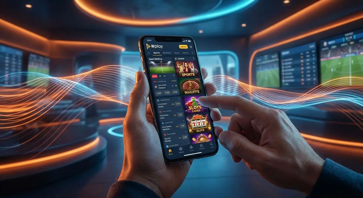 Aplicación Wplay en smartphone mostrando apuesta deportiva y casino, ambiente moderno y colores corporativos.