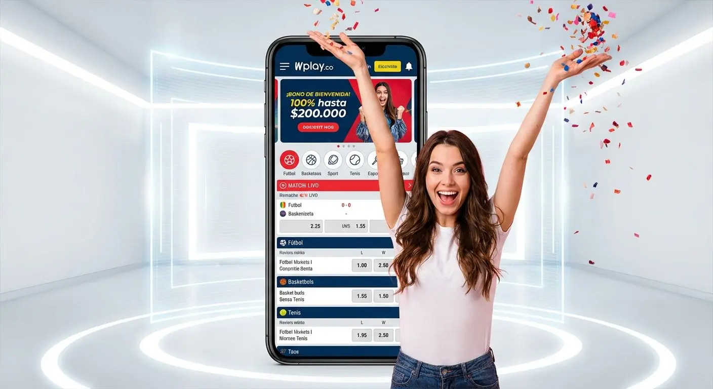 Usuario celebrando con bono de bienvenida en la app Wplay para móviles.