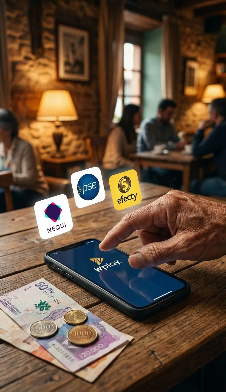 Silueta de pago digital desde smartphone en Wplay, mostrando iconos de Nequi, PSE y Efecty