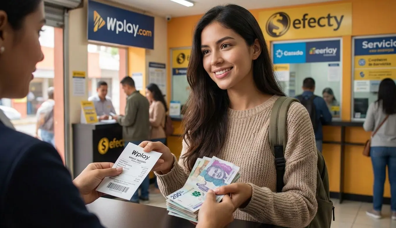 Cliente colombiana recibe retiro en efectivo de Wplay en un local Efecty con recibo en mano
