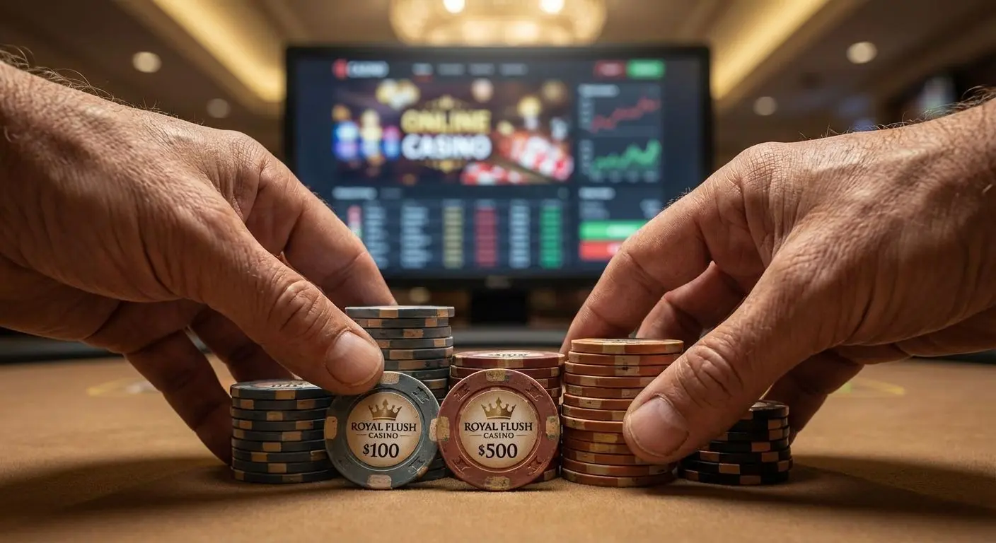 Fichas de poker y manos controlando el bankroll en partida online.