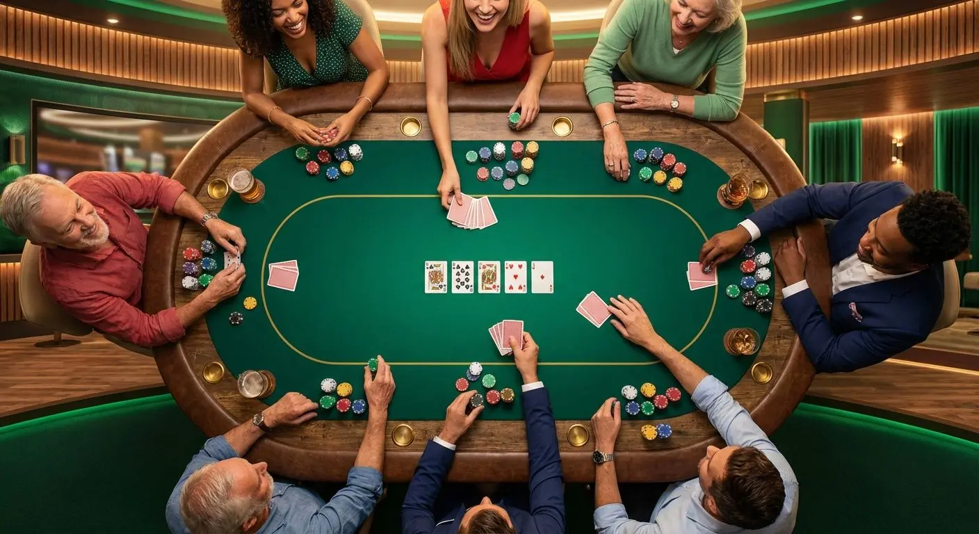 Jugadores compitiendo en una mesa de poker con fichas y cartas en casino online.