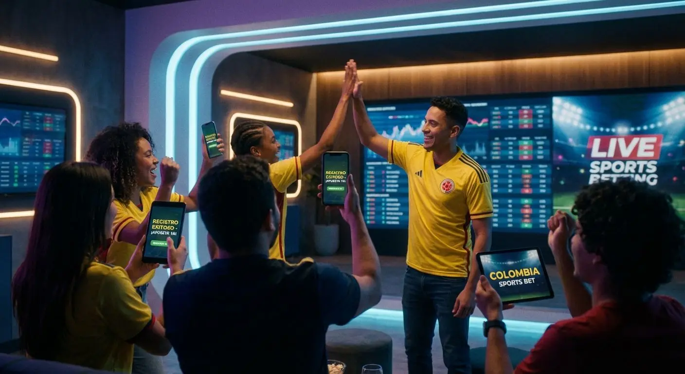 Personas en Colombia registrándose en Wplay desde diferentes dispositivos en un entorno moderno y vibrante