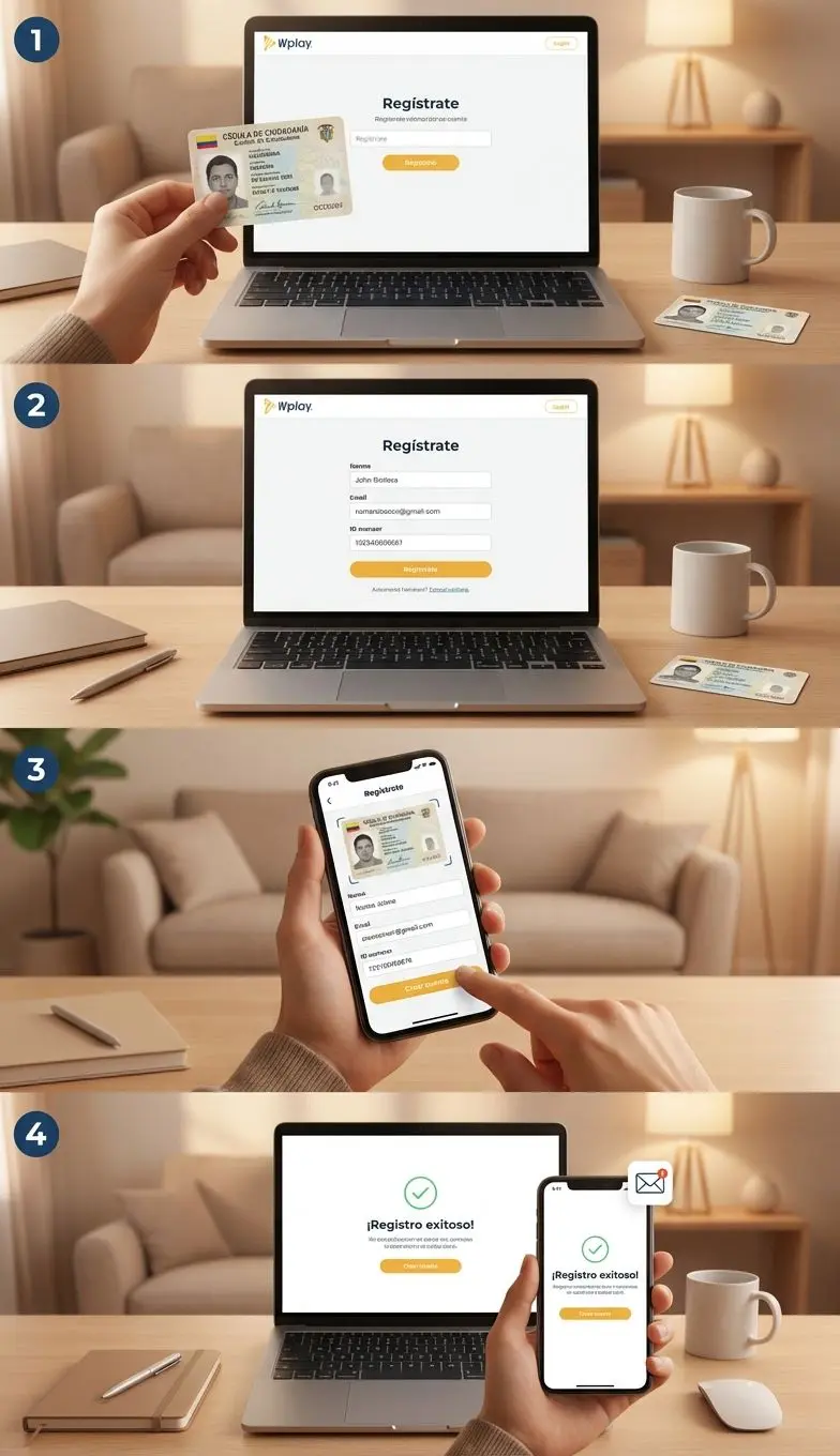 Usuario colombiano completando registro en Wplay desde laptop y celular, datos del formulario visibles