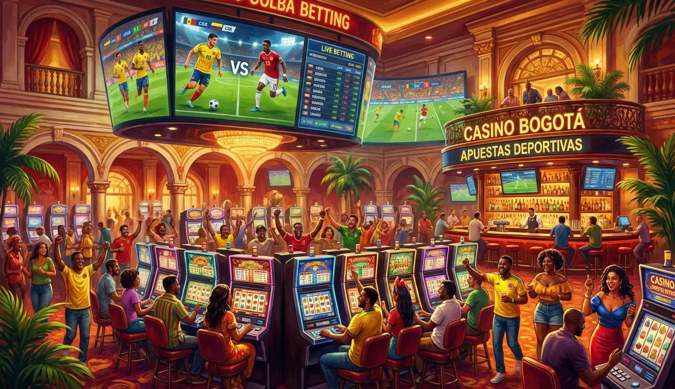 Salón virtual de apuestas deportivas y casino de Wplay con ambiente colombiano y jugadores interactuando