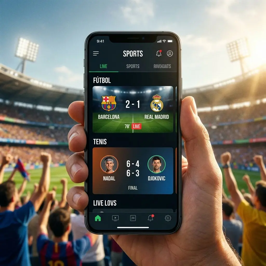 Smartphone mostrando aplicación de marcadores deportivos en tiempo real