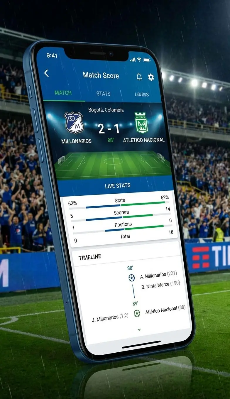 Marcadores en vivo de partidos de fútbol en Colombia visualizados en una app