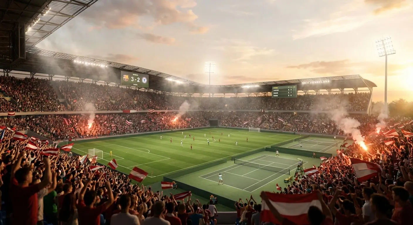 Vista panorámica de un estadio deportivo con marcadores en vivo para fútbol y tenis