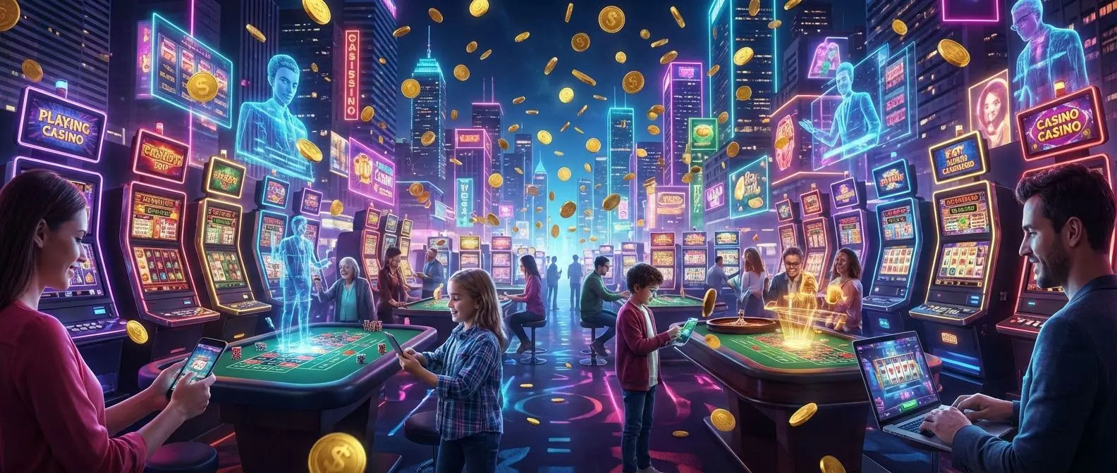 Casino online vibrante con máquinas tragamonedas y luces neón en Wplay.