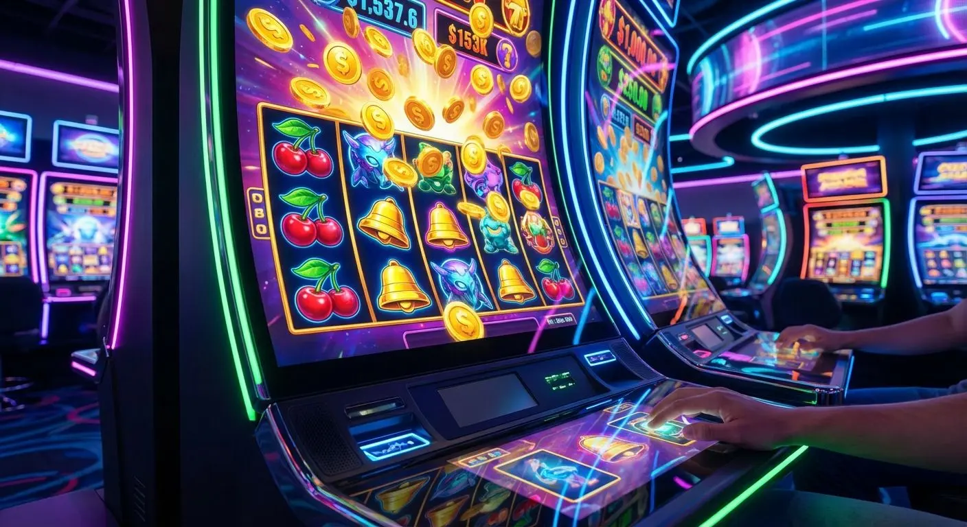 Video tragamonedas digital con gráficos coloridos y animaciones de monedas.