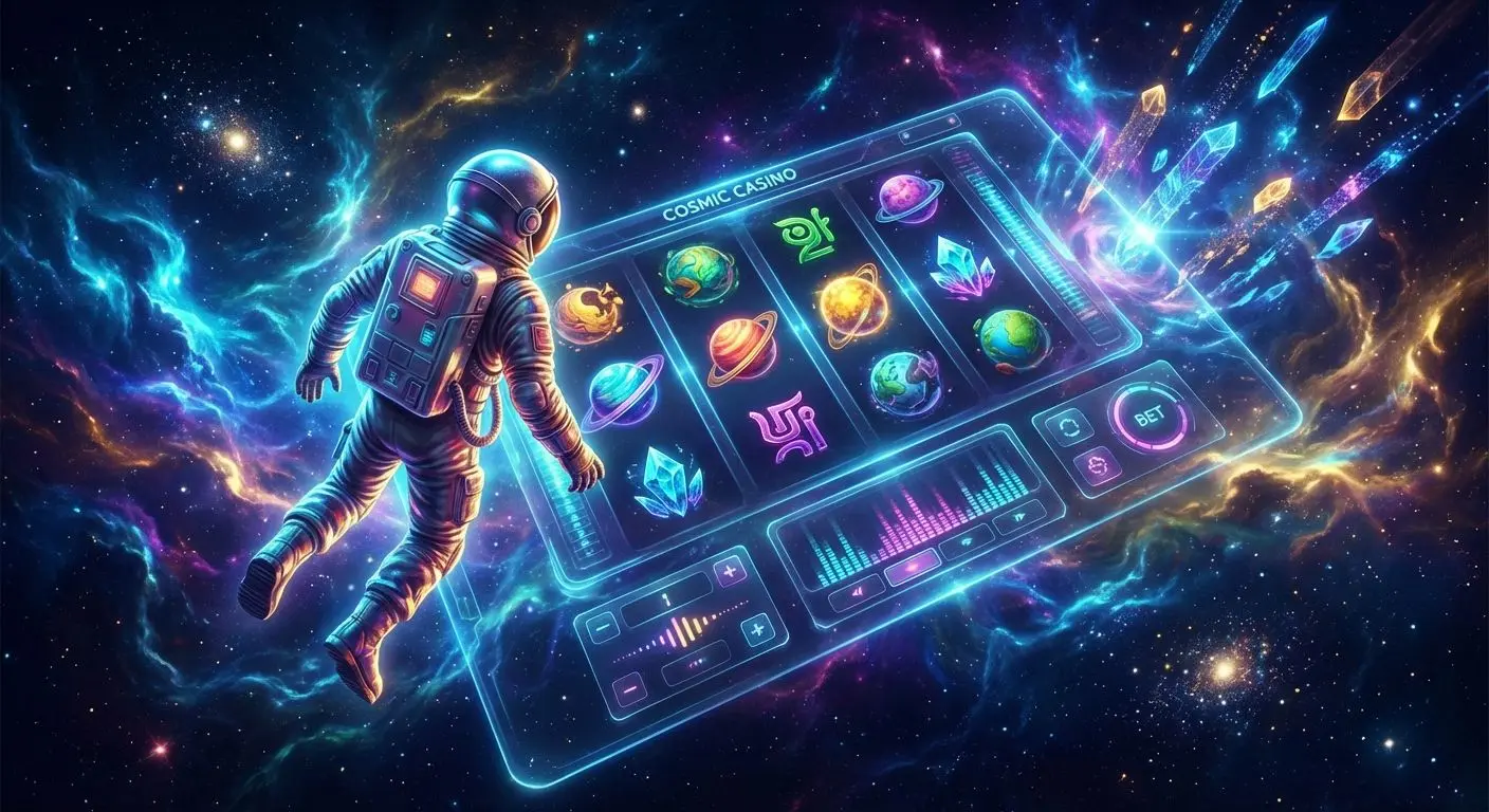 Aventurero espacial sobre un casino digital con ambiente cósmico y efectos visuales