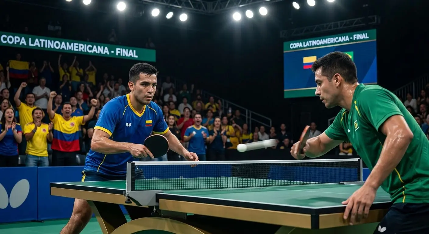 Escena realista de un partido profesional de tenis de mesa con jugadores y público en Latinoamérica