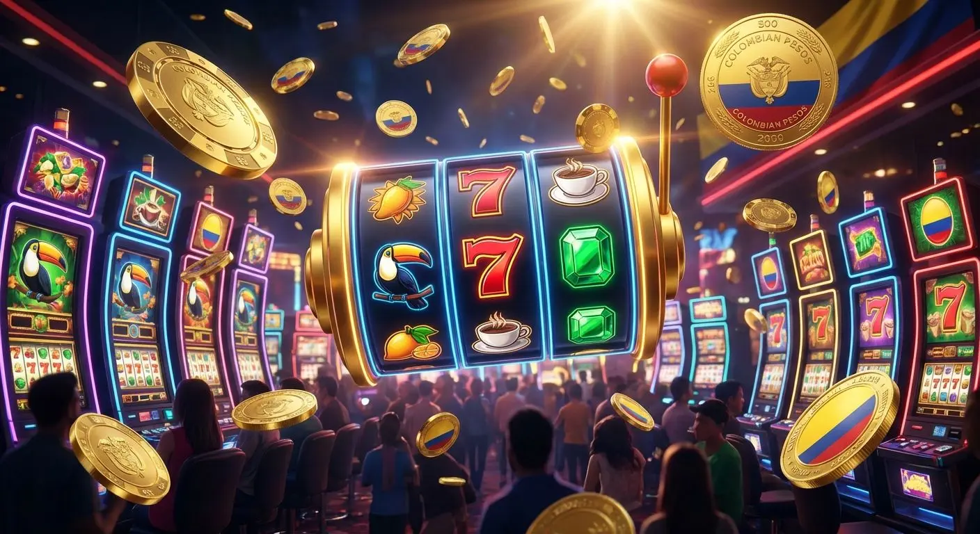 Banner de tragaperras en Wplay, carretes luminosos y fichas en casino online colombiano