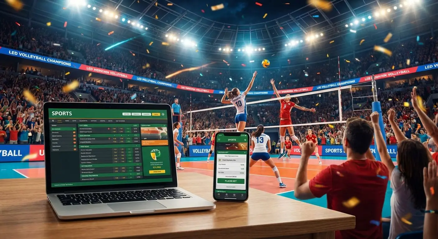 Partido de voleibol profesional en estadio, laptop mostrando apuestas Wplay