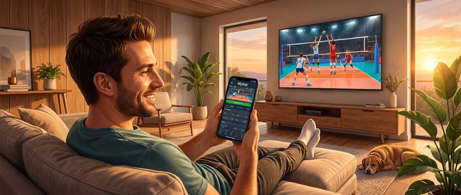 Apostador usando app de Wplay para apuestas de voleibol en vivo mientras ve partido